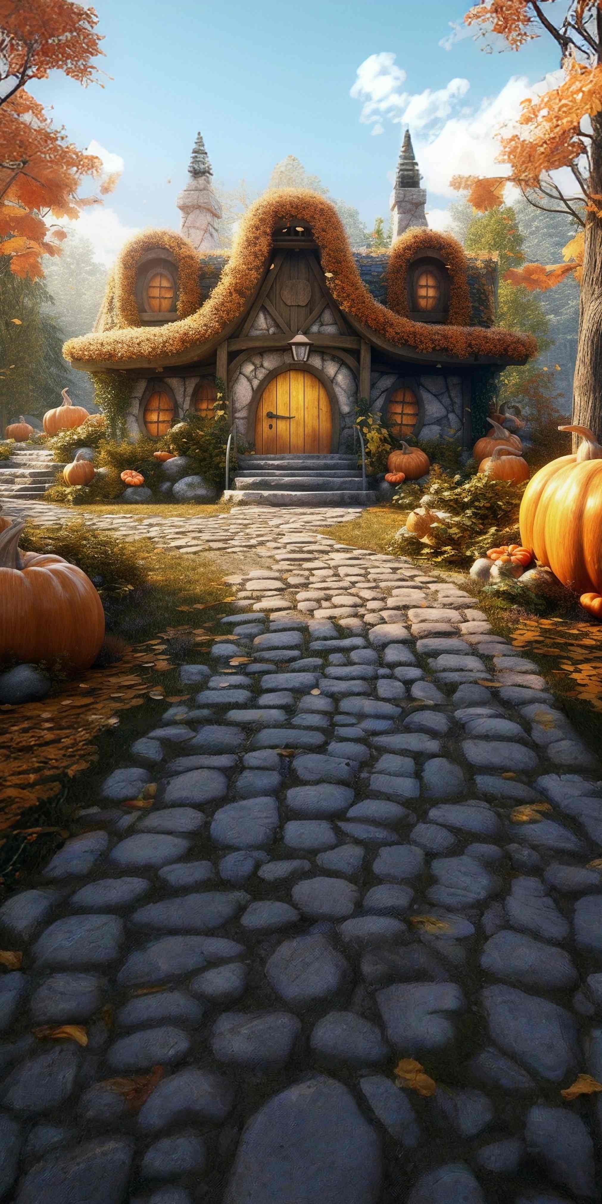 Fall Photo Backdrop Pumpkin Cottage Pathway Sweep Backdrop UK MRR8-91