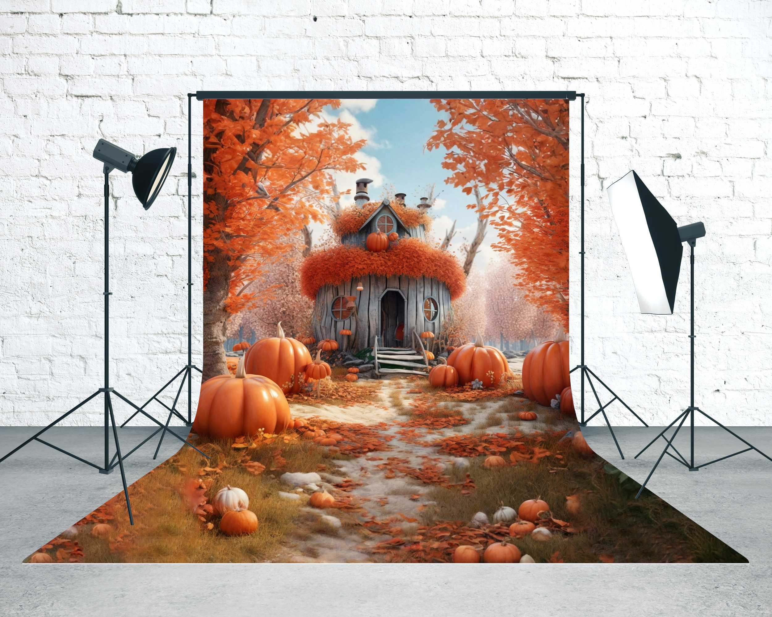 Autumn Backdrop Whimsical Pumpkin House Lane Sweep Backdrop UK MRR8-93