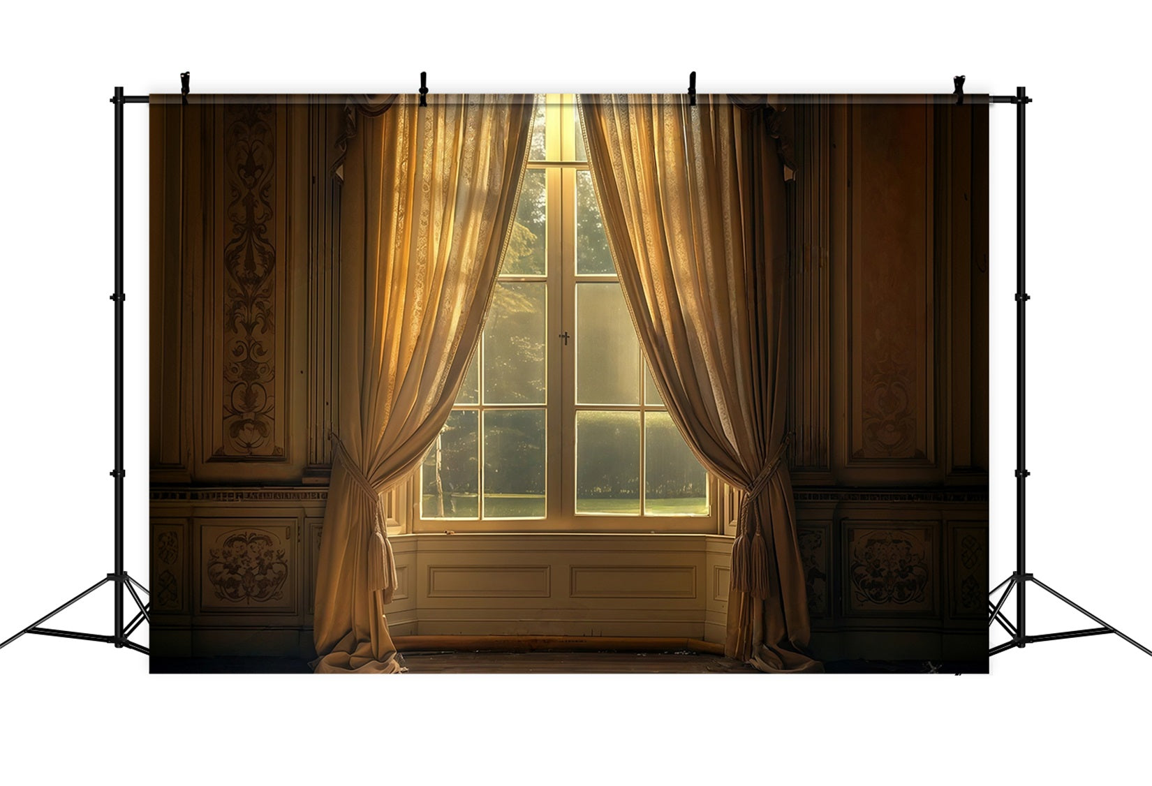 Vintage Backdrop Golden Drapes Framing Sunlit Window Antique Backdrop UK MRR9-103