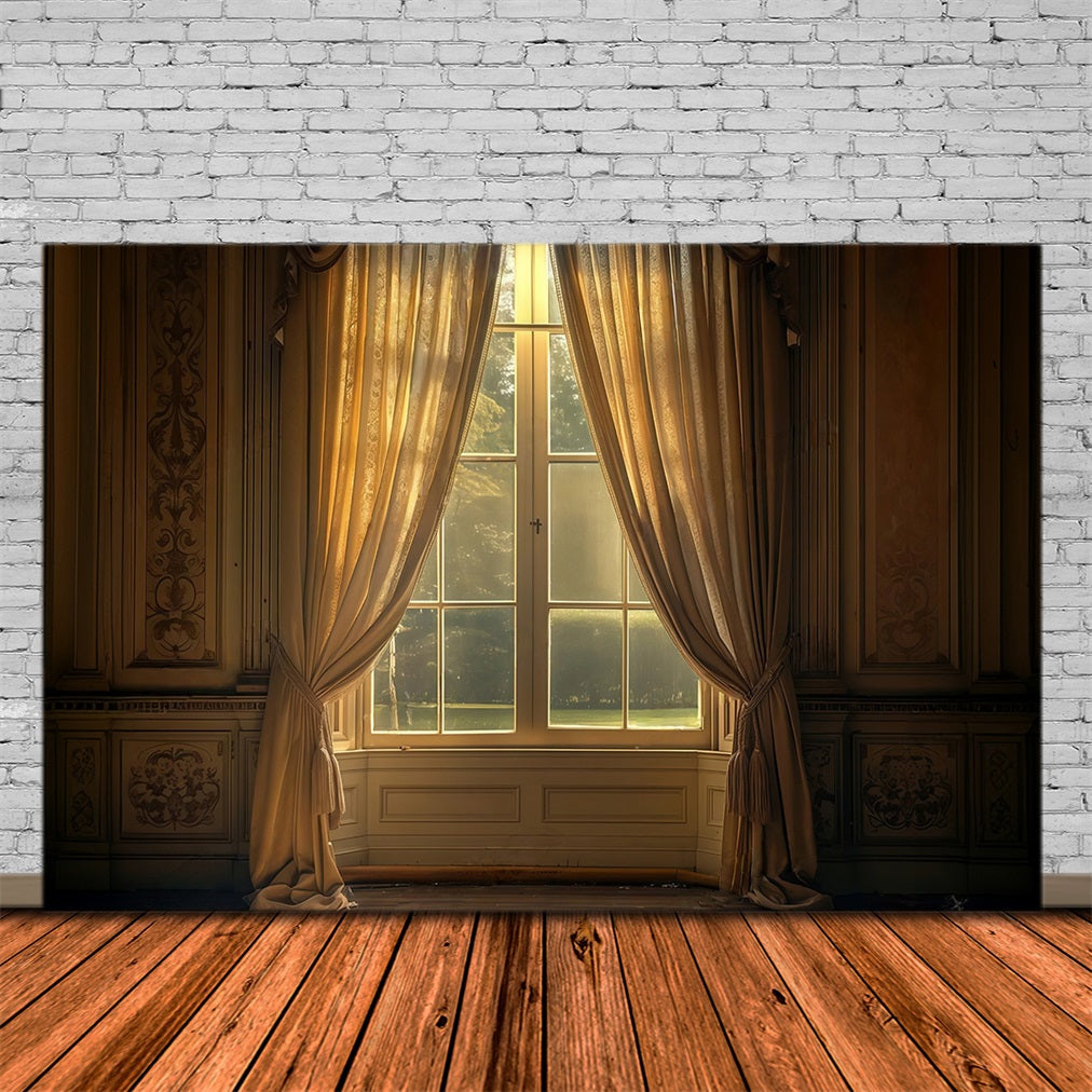 Vintage Backdrop Golden Drapes Framing Sunlit Window Antique Backdrop UK MRR9-103