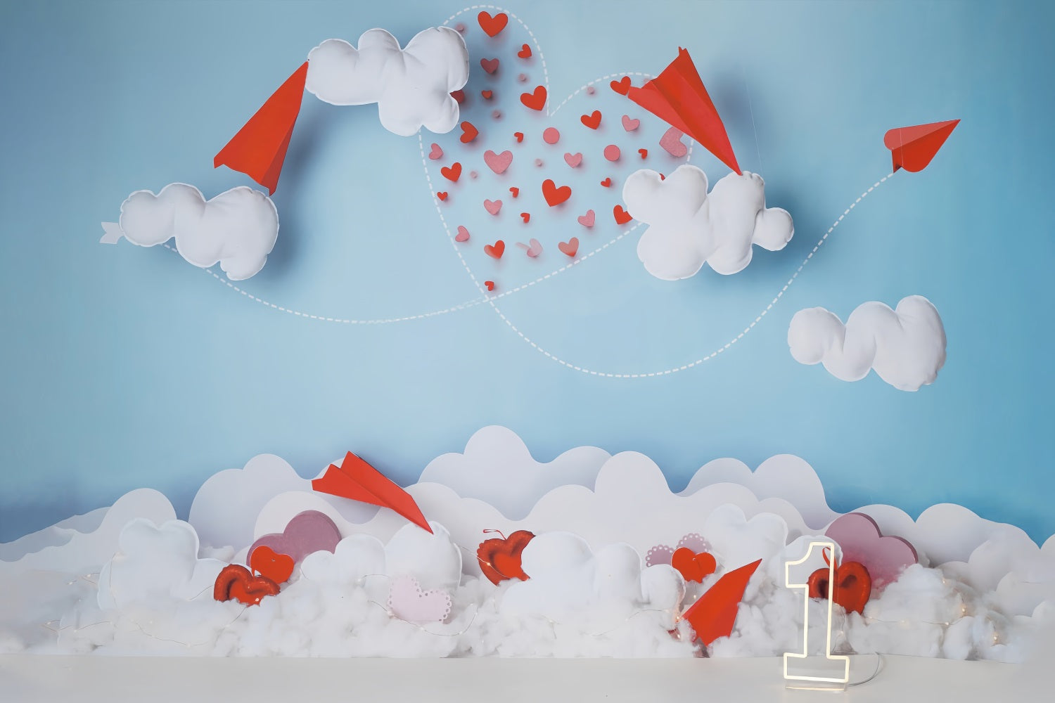 Valentine's Day Backdrop Paper Planes Clouds Heart Trail Valentine Backdrop UK MRR9-104