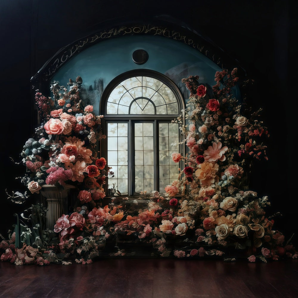 Floral Backdrop Arched Window Surrounded Flowers Vintage Photo Backdrop UK MRR9-106
