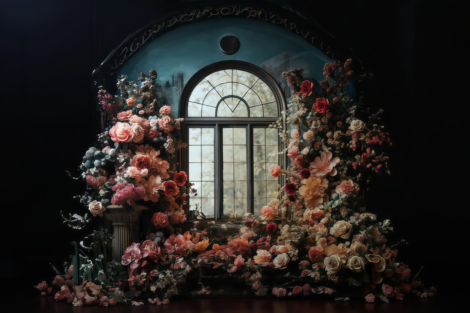 Floral Backdrop Arched Window Surrounded Flowers Vintage Photo Backdrop UK MRR9-106