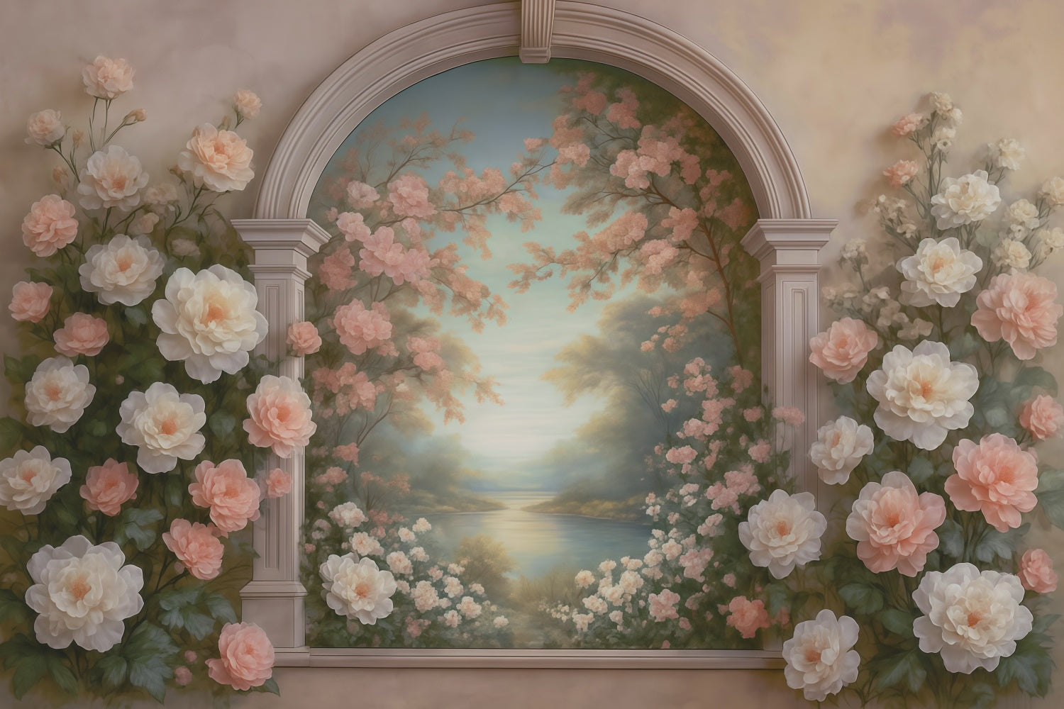 Vintage Wall Backdrop Pastel Floral Archway Lake Antique Backdrop UK MRR9-107