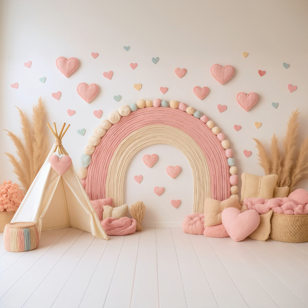 Boho Rainbow Backdrop Pink Rainbow Heart Decor Photography Backdrops for Kids UK MRR9-11