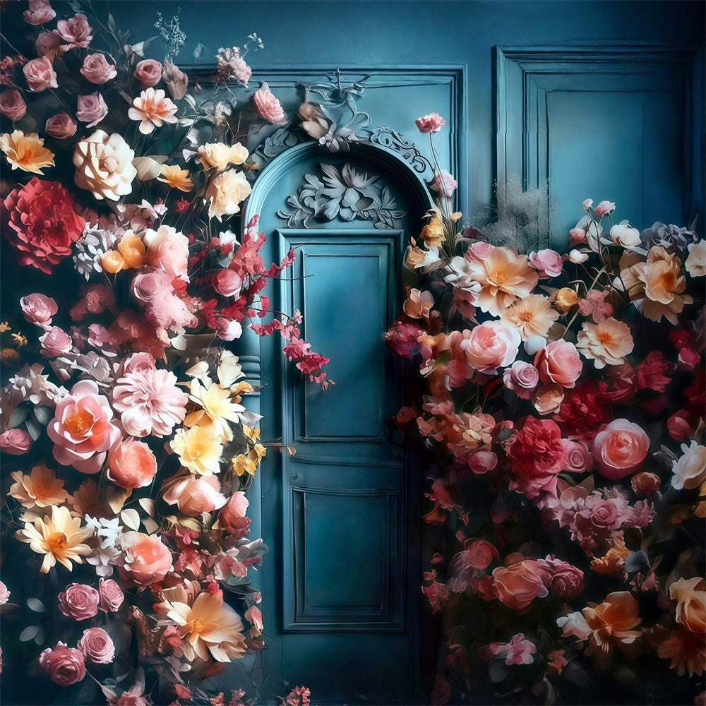 Flower Photo Backdrop Blue Door Blooming Flowers Floral Backdrop UK MRR9-123