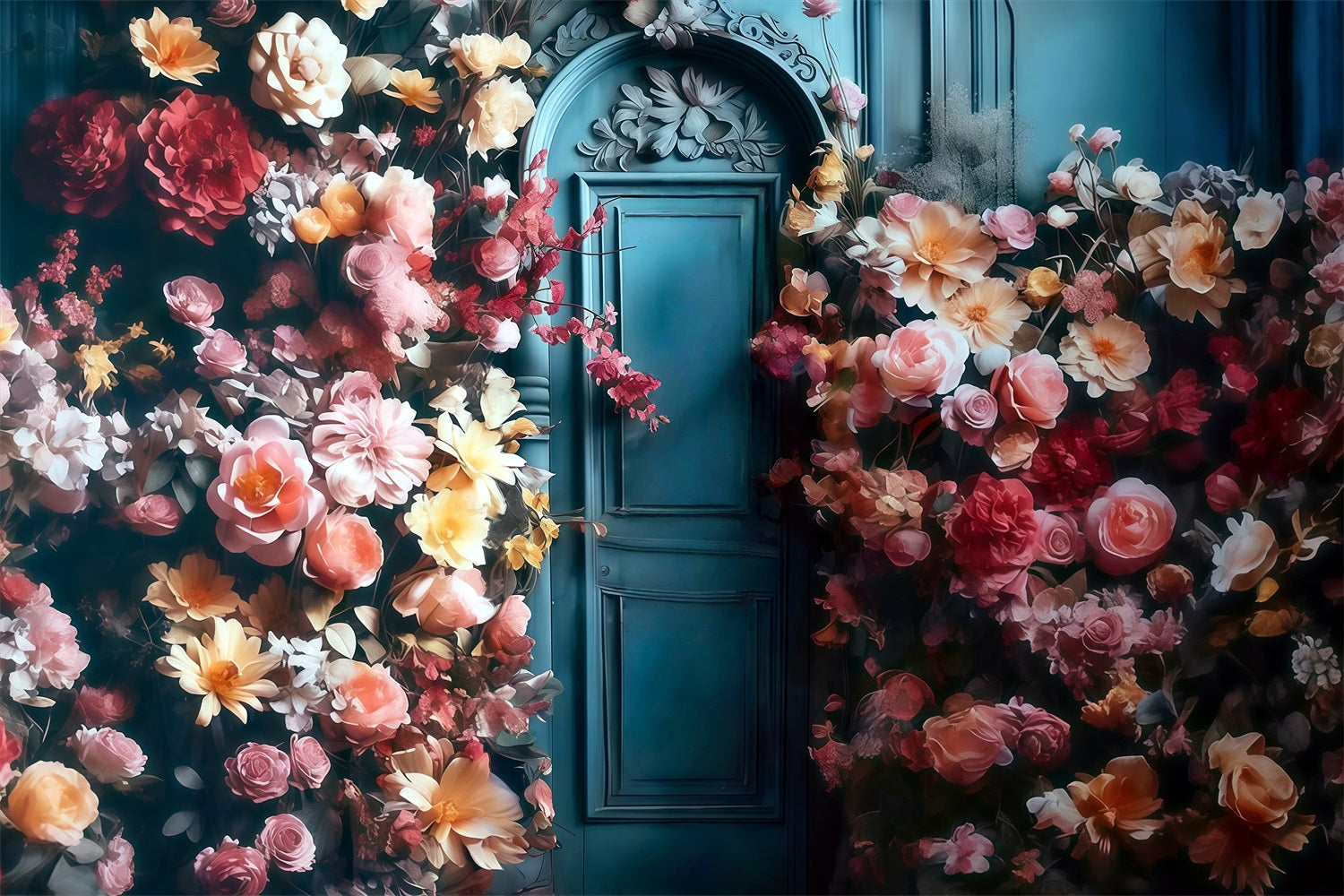 Flower Photo Backdrop Blue Door Blooming Flowers Floral Backdrop UK MRR9-123