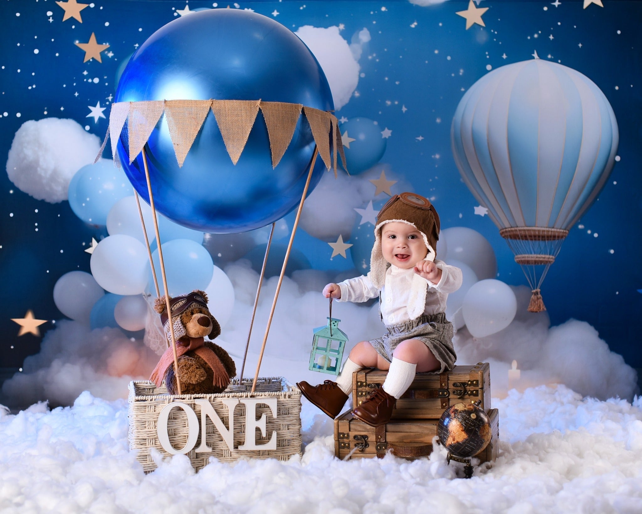 Stars Backdrop Blue Sky Balloon Clouds Newborn Photoshoot Backdrop UK MRR9-15