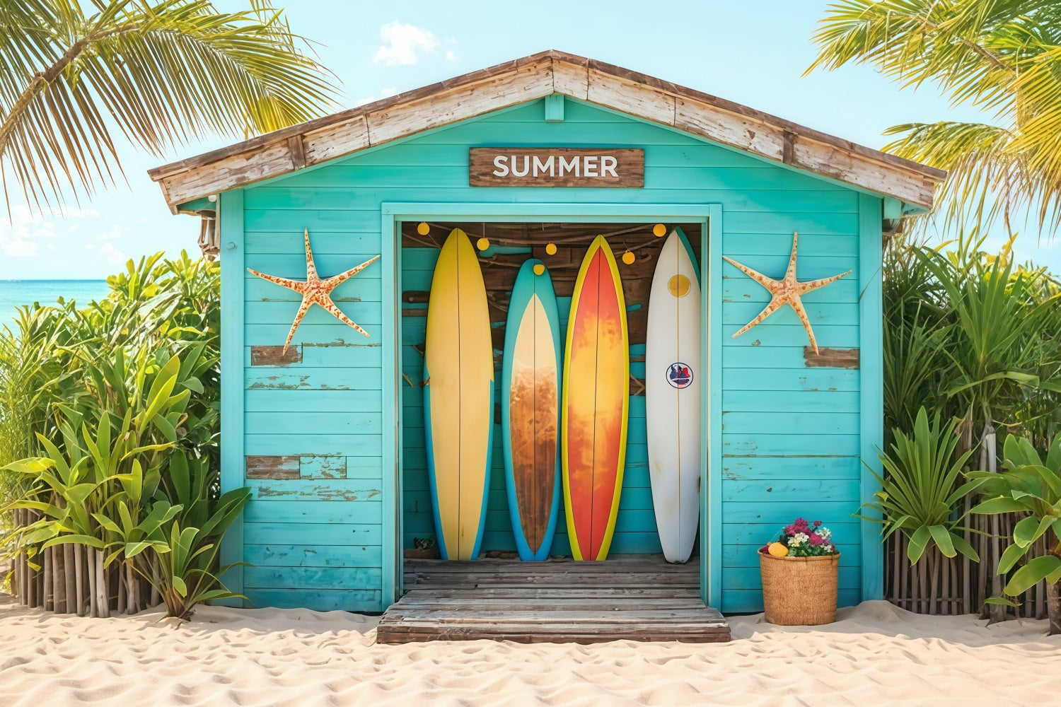 Beach Backdrop Surfboards Tropical Beach Hut Summer Backdrop UK MRR9-17