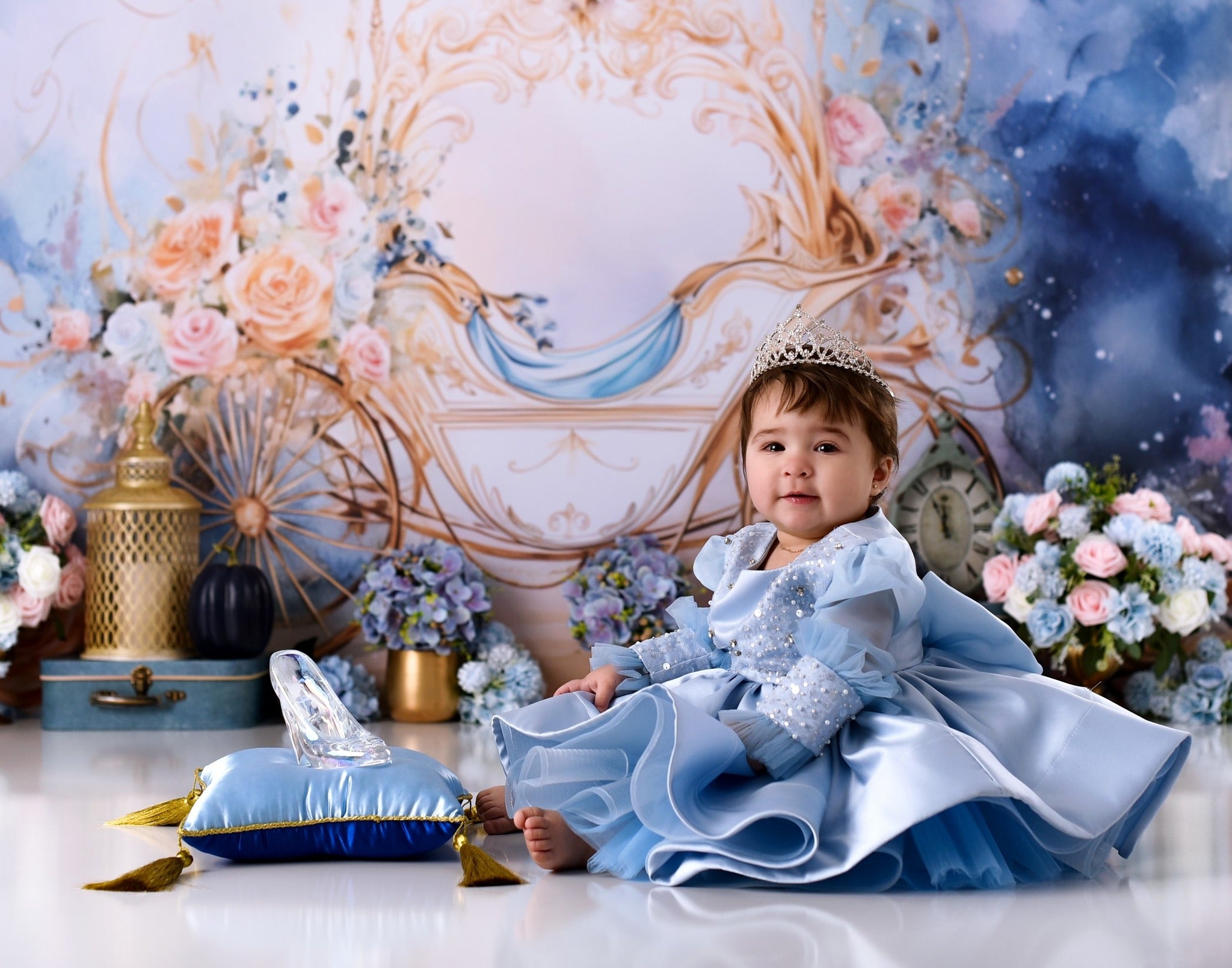 Newborn Photo Backdrop Golden Carriage Floral Fantasy Kids Backdrop UK MRR9-18