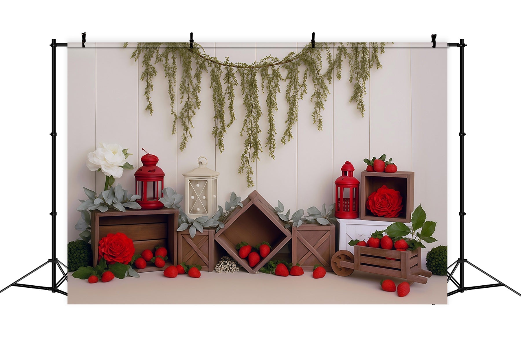 Spring Backdrop Rustic Crates Strawberries Red Lanterns Spring Photo Backdrop UK MRR9-4