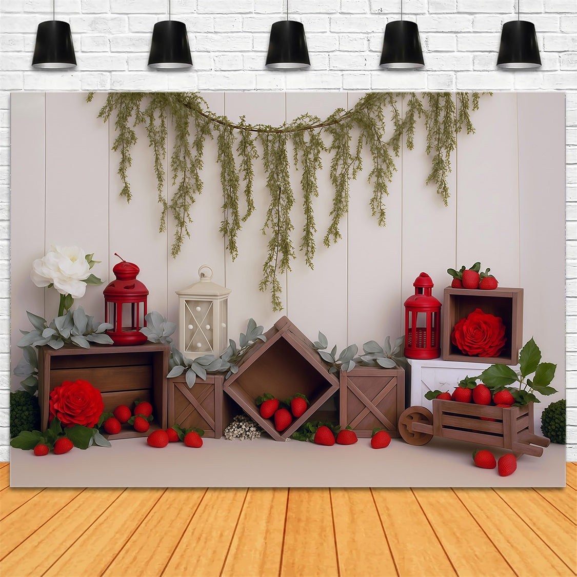 Spring Backdrop Rustic Crates Strawberries Red Lanterns Spring Photo Backdrop UK MRR9-4