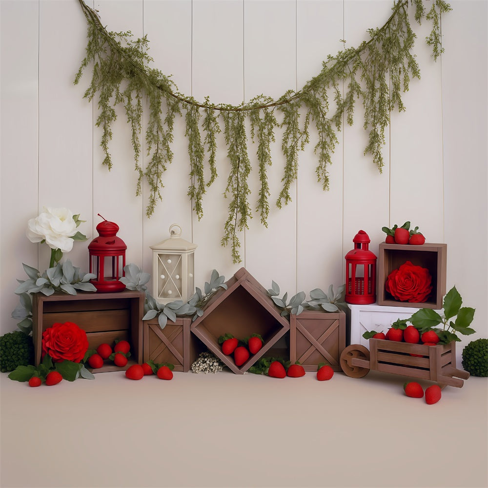 Spring Backdrop Rustic Crates Strawberries Red Lanterns Spring Photo Backdrop UK MRR9-4