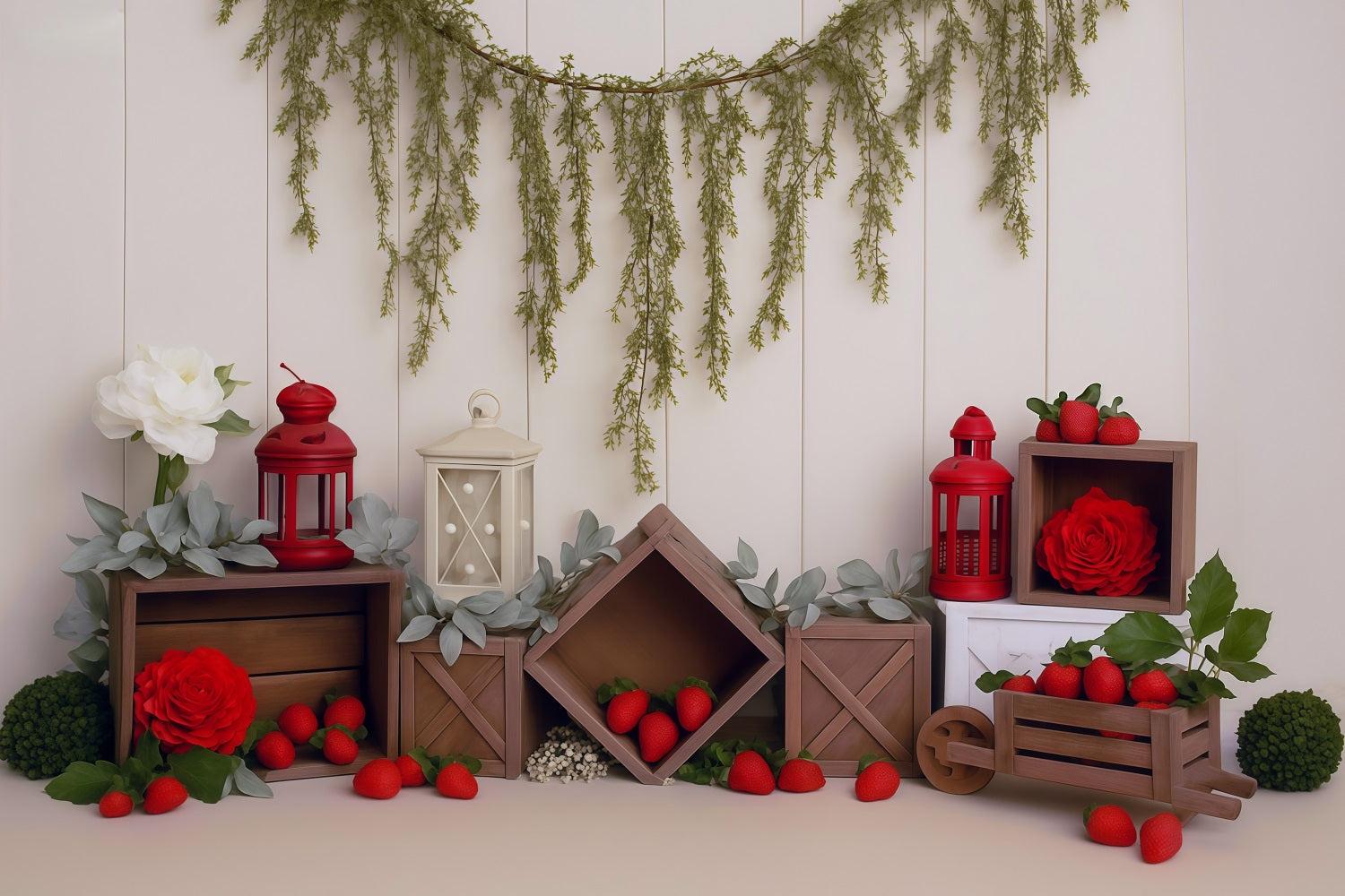 Spring Backdrop Rustic Crates Strawberries Red Lanterns Spring Photo Backdrop UK MRR9-4