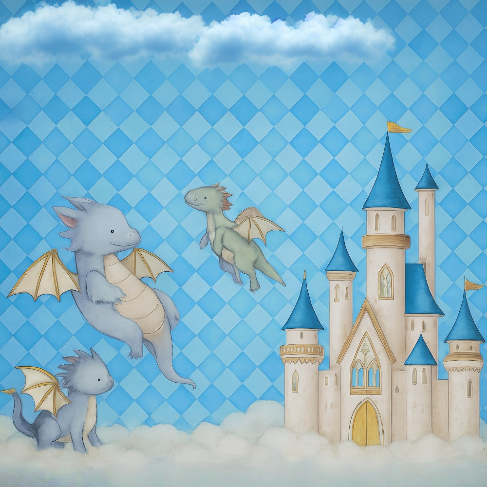 Castle Backdrop Flying Dragons Blue Castle Clouds Newborn Photography Backdrop UK MRR9-44