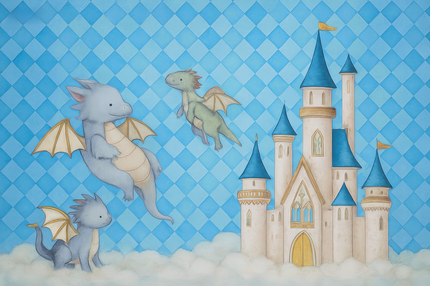 Castle Backdrop Flying Dragons Blue Castle Clouds Newborn Photography Backdrop UK MRR9-44