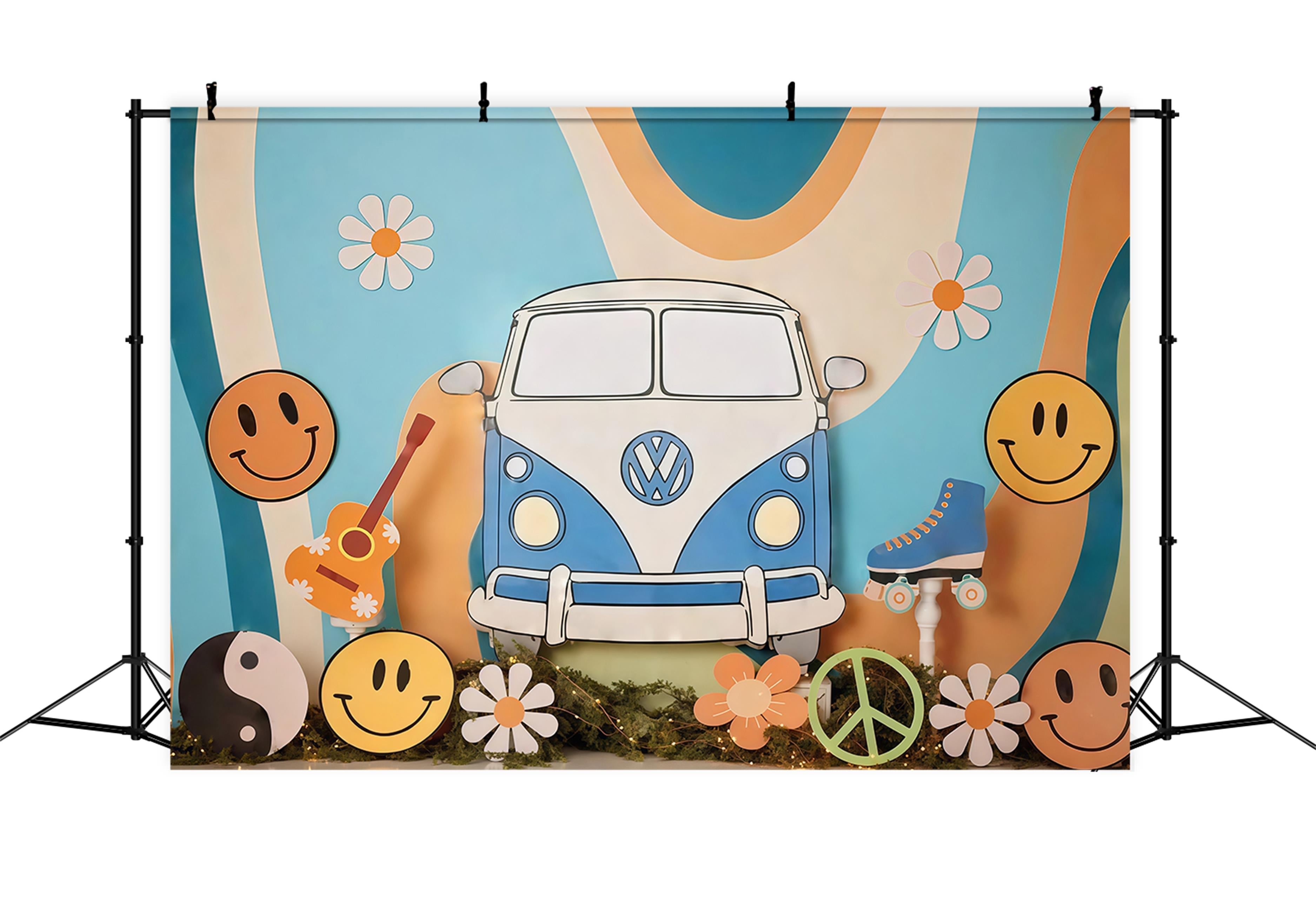 Birthday Backdrop Retro Hippie Van Smiley Symbols Cake Smash Backdrop UK MRR9-57