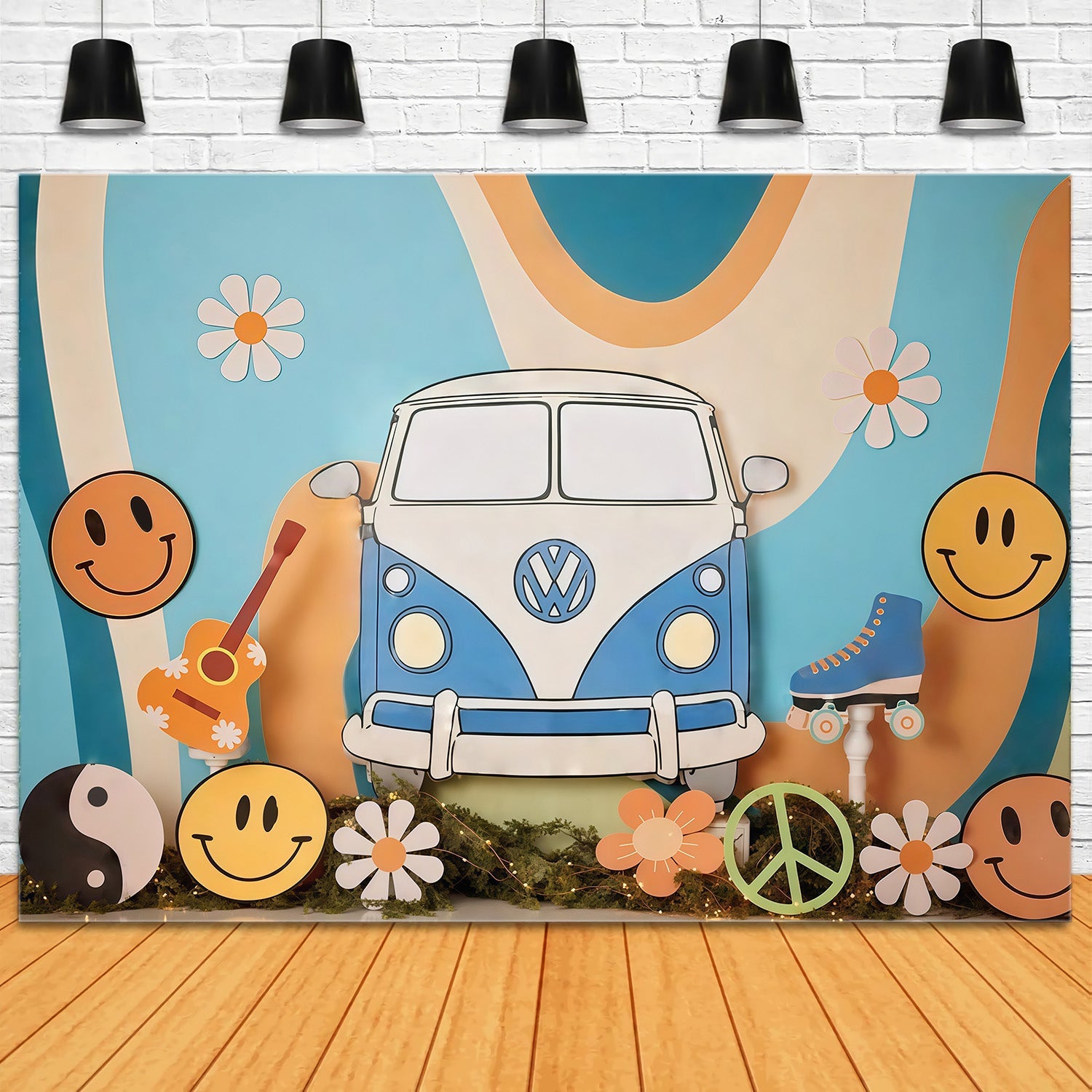 Birthday Backdrop Retro Hippie Van Smiley Symbols Cake Smash Backdrop UK MRR9-57