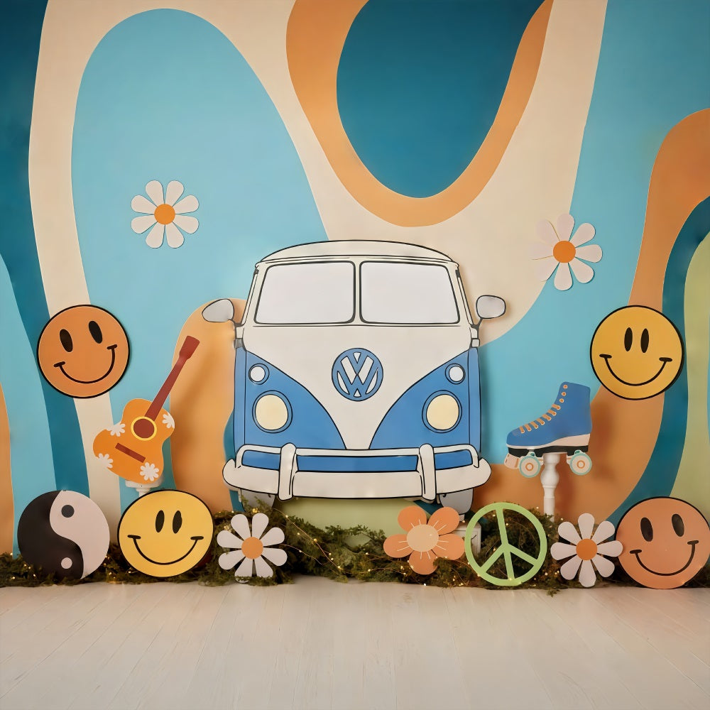 Birthday Backdrop Retro Hippie Van Smiley Symbols Cake Smash Backdrop UK MRR9-57