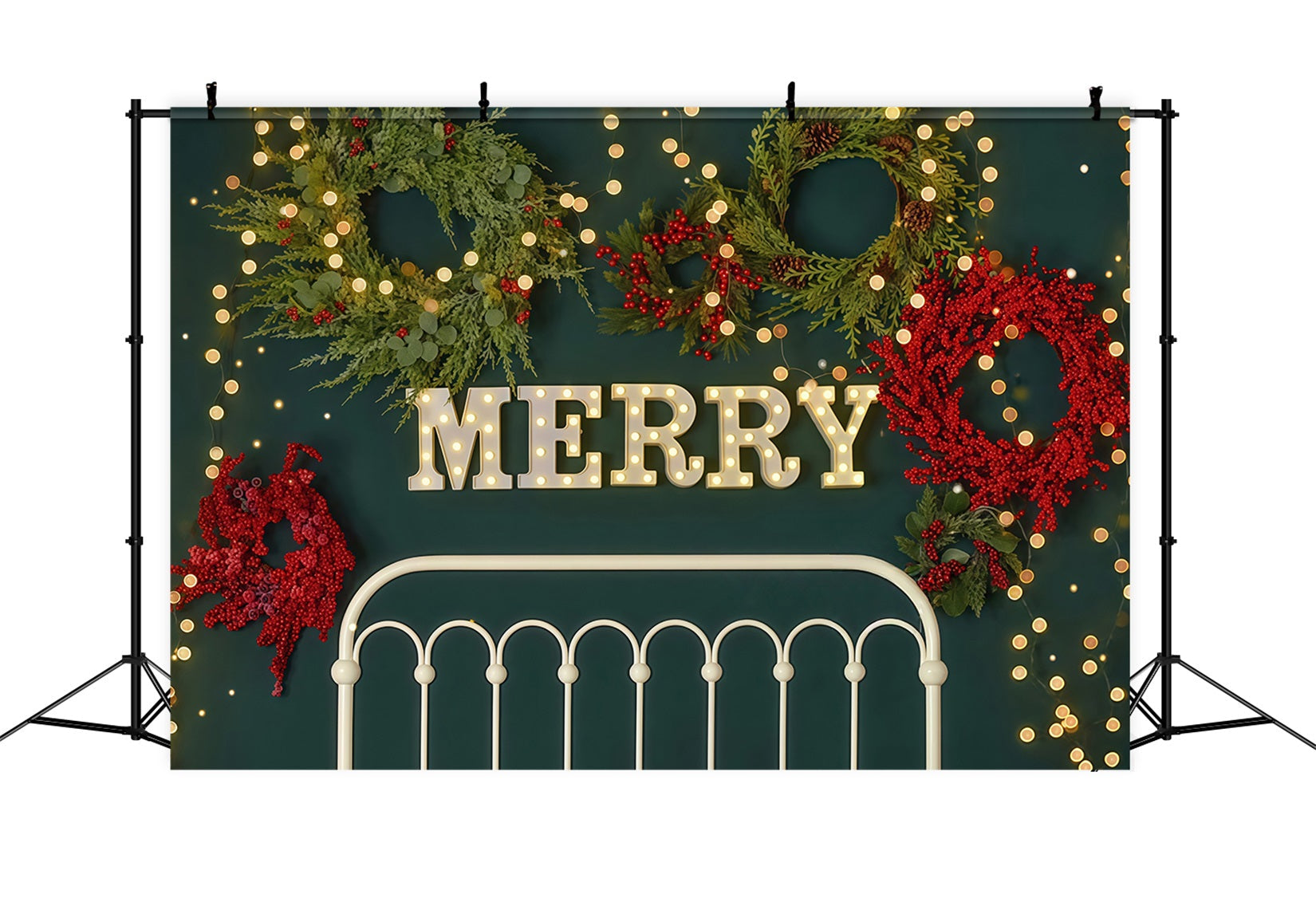Christmas Backdrop Merry Wreath Holiday Lights Headboard Christmas Photo Backdrop UK MRR9-6