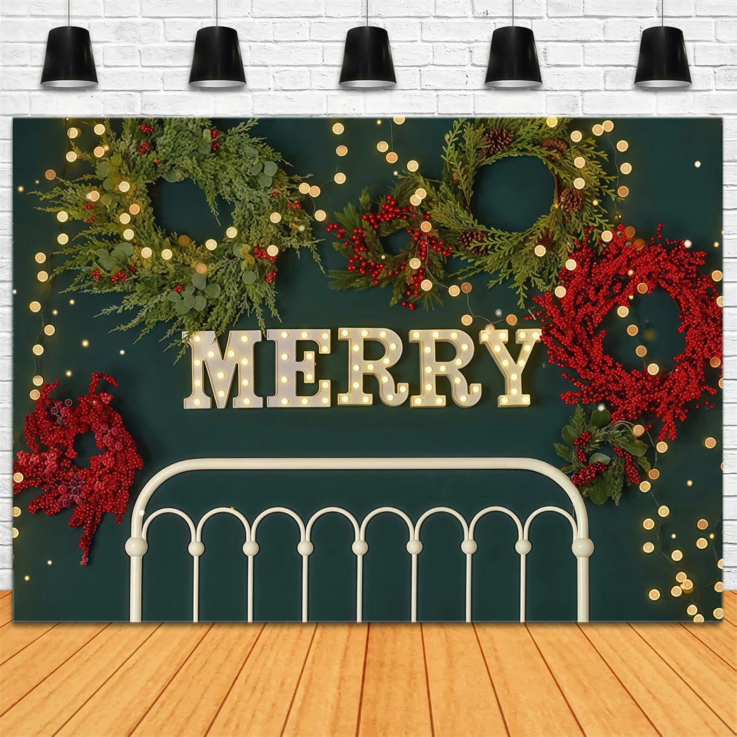 Christmas Backdrop Merry Wreath Holiday Lights Headboard Christmas Photo Backdrop UK MRR9-6