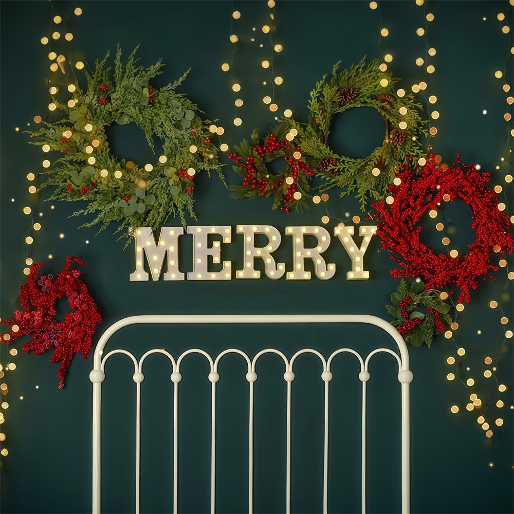 Christmas Backdrop Merry Wreath Holiday Lights Headboard Christmas Photo Backdrop UK MRR9-6