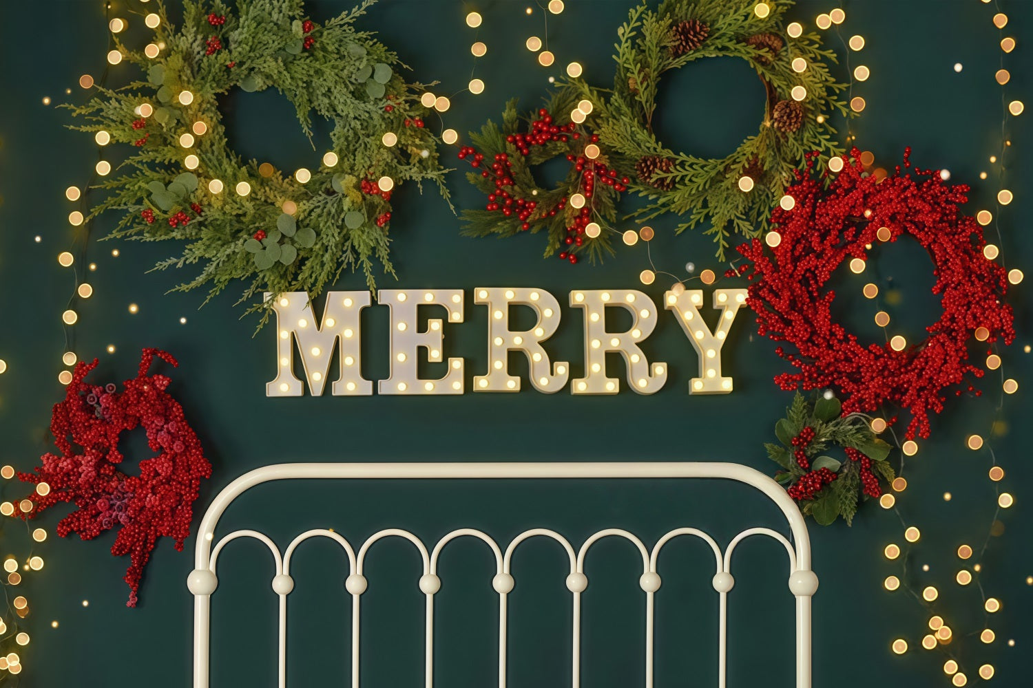 Christmas Backdrop Merry Wreath Holiday Lights Headboard Christmas Photo Backdrop UK MRR9-6