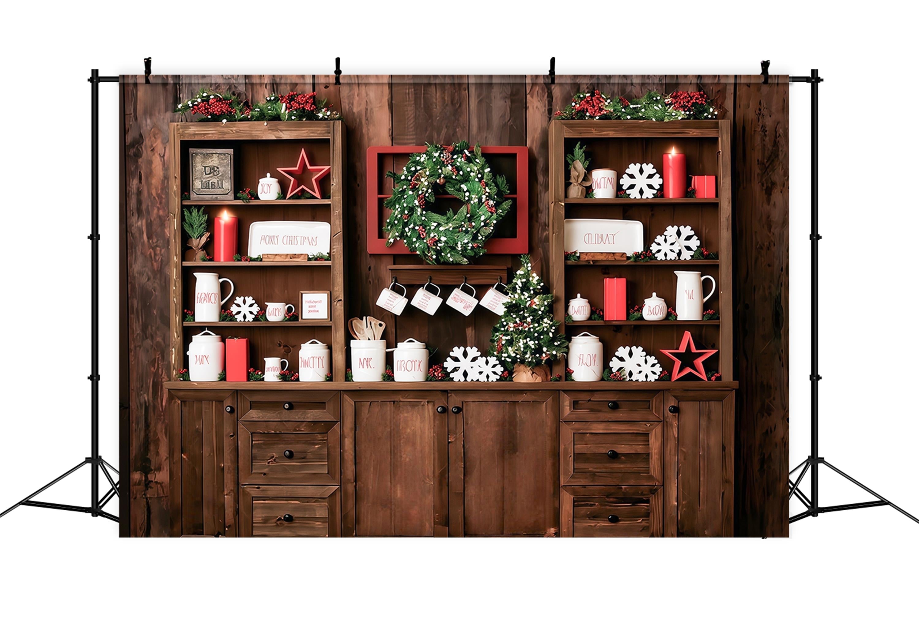 Christmas Kitchen Backdrop Rustic Shelves Festive Display Christmas Photo Backdrop UK MRR9-61