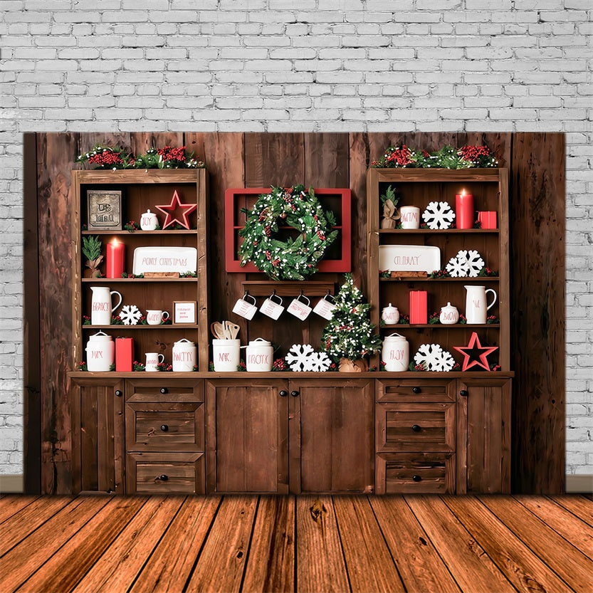 Christmas Kitchen Backdrop Rustic Shelves Festive Display Christmas Photo Backdrop UK MRR9-61