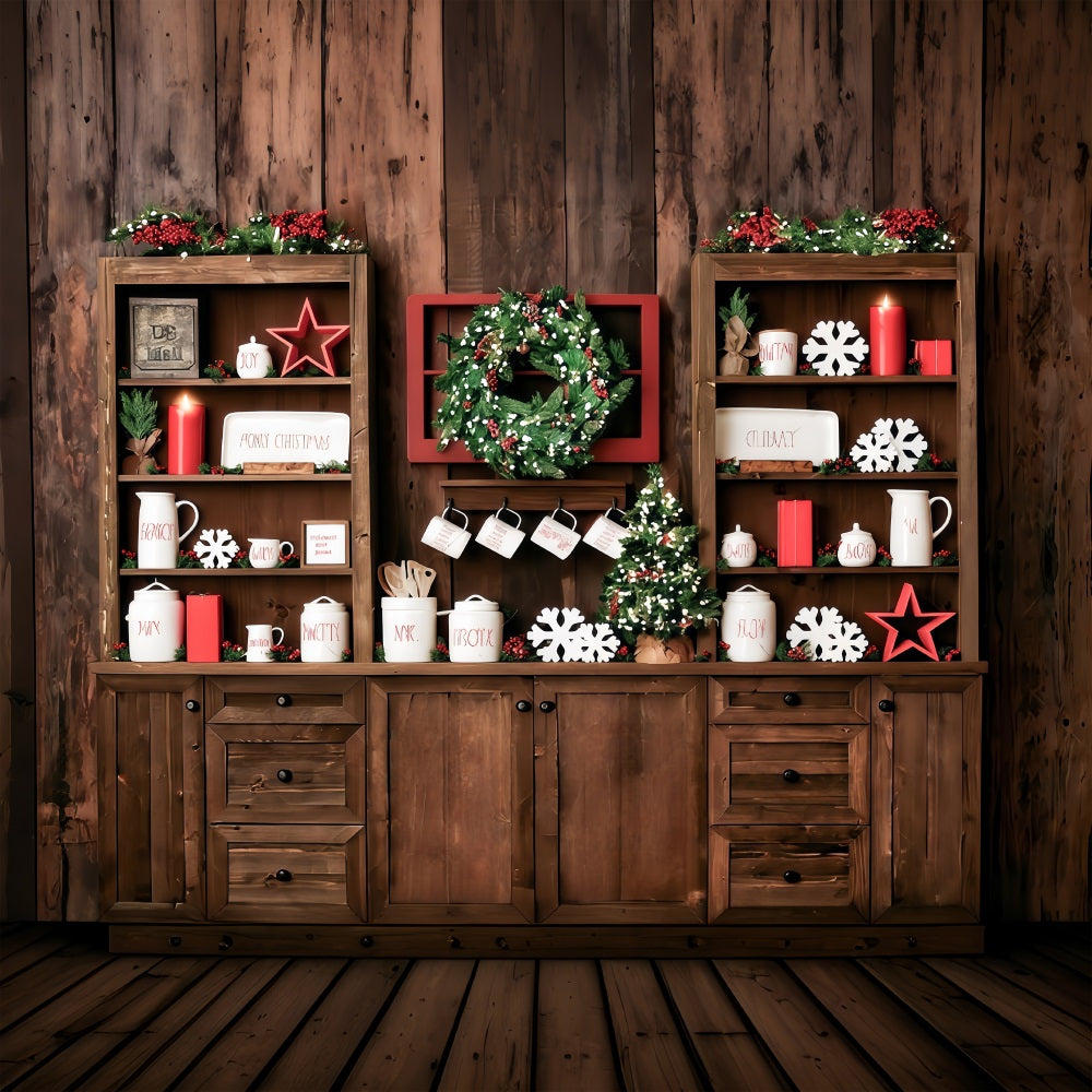 Christmas Kitchen Backdrop Rustic Shelves Festive Display Christmas Photo Backdrop UK MRR9-61