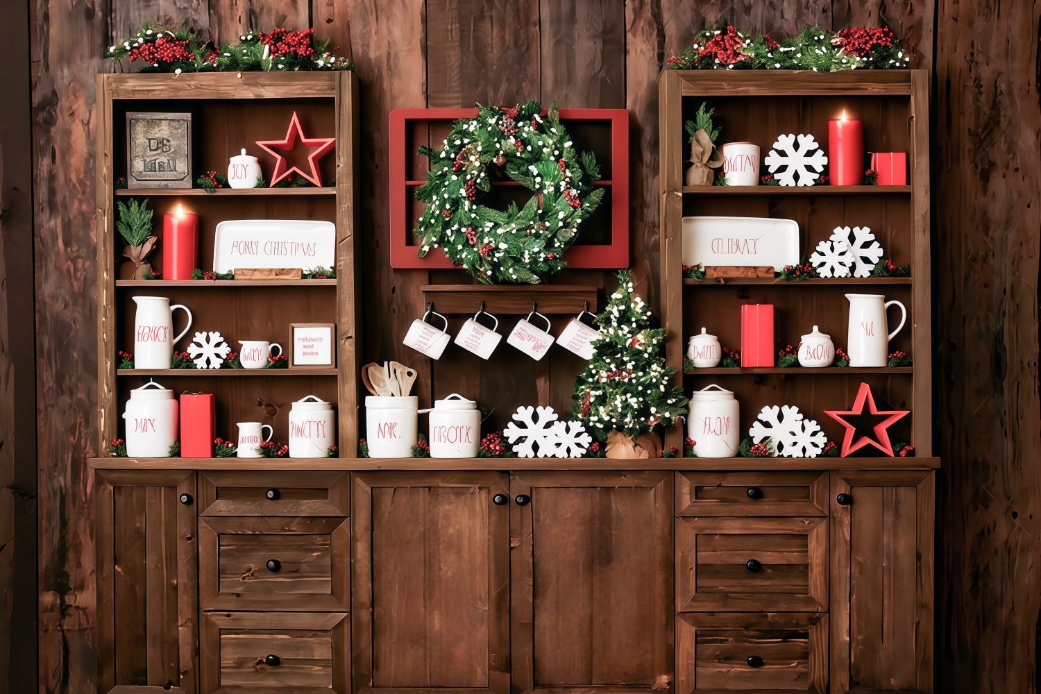 Christmas Kitchen Backdrop Rustic Shelves Festive Display Christmas Photo Backdrop UK MRR9-61