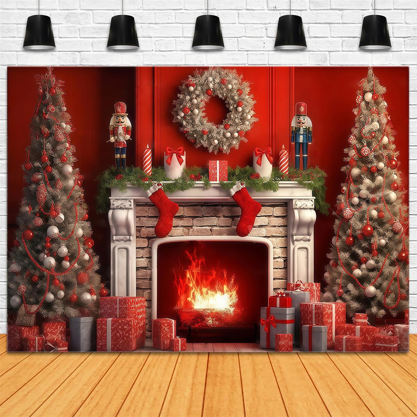 Nutcracker Backdrop Fireplace Red Vintage Wall Christmas Backdrop Ideas UK MRR9-69