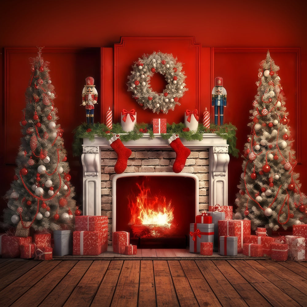 Nutcracker Backdrop Fireplace Red Vintage Wall Christmas Backdrop Ideas UK MRR9-69