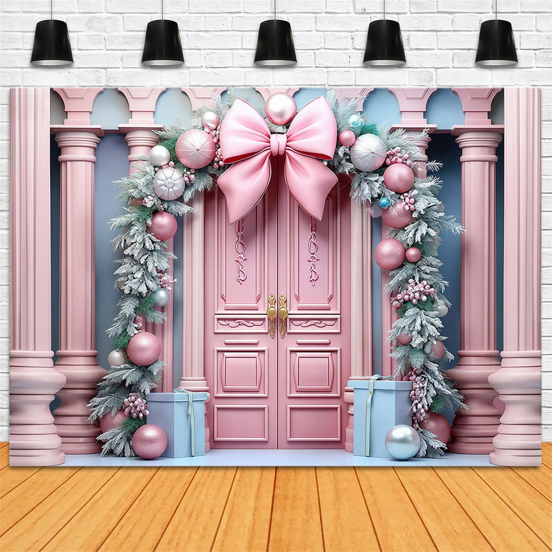 Pink Christmas Backdrop Pink Door Bow Garland Christmas Backdrop UK MRR9-70
