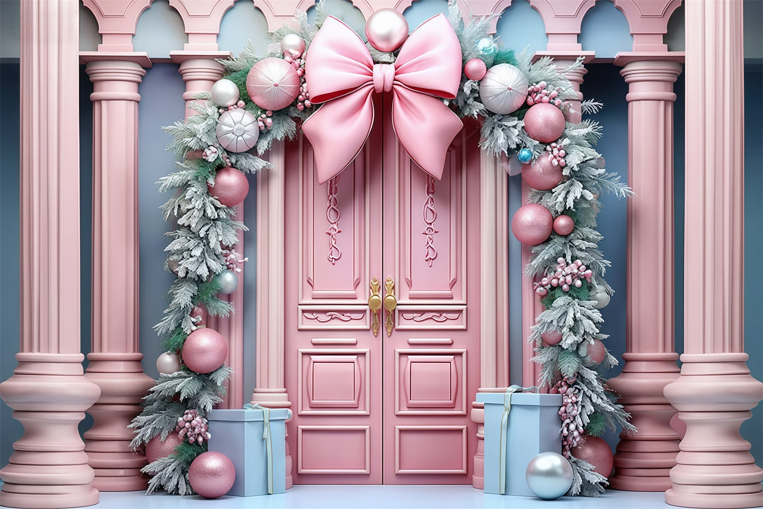 Pink Christmas Backdrop Pink Door Bow Garland Christmas Backdrop UK MRR9-70