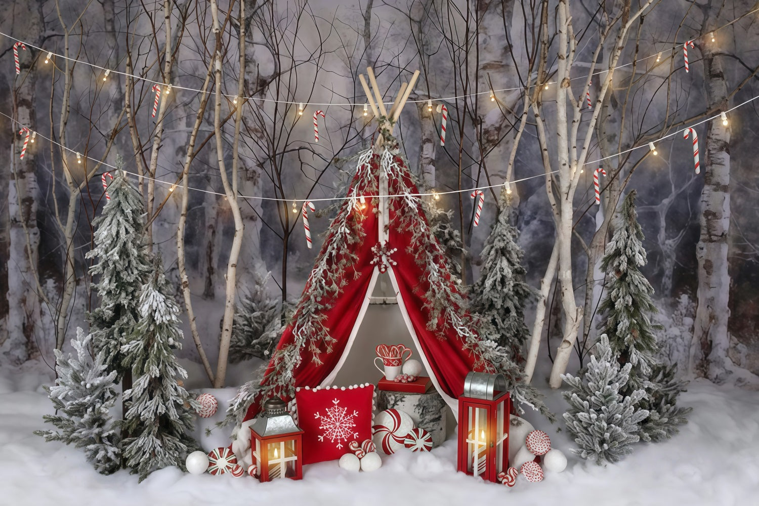 Snow Forest Backdrop Candy Cane Winter Tent Forest Backdrop UK MRR9-73
