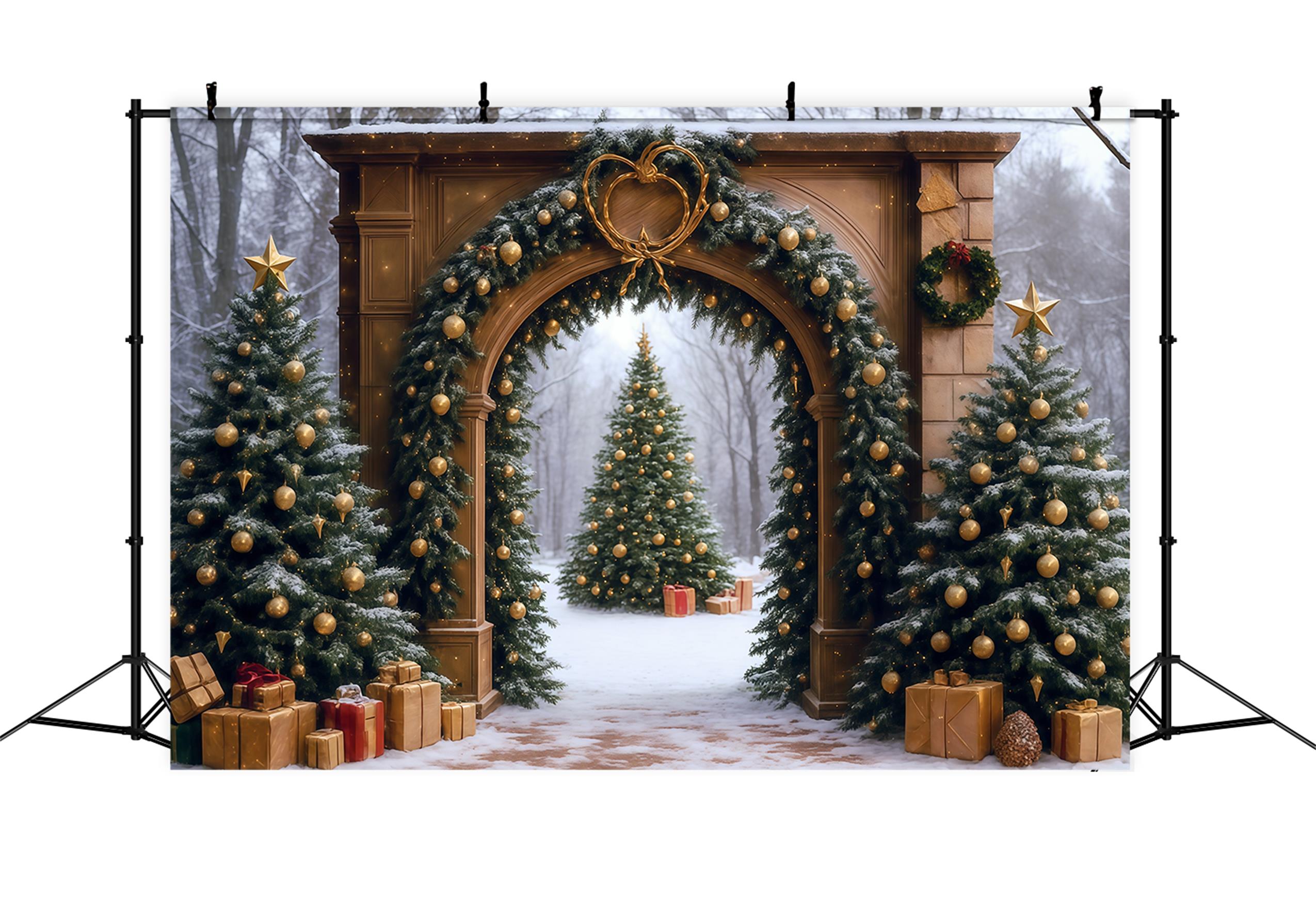 Christmas Tree Backdrop Snowy Forest Arch Door Christmas Photo Backdrop UK MRR9-77