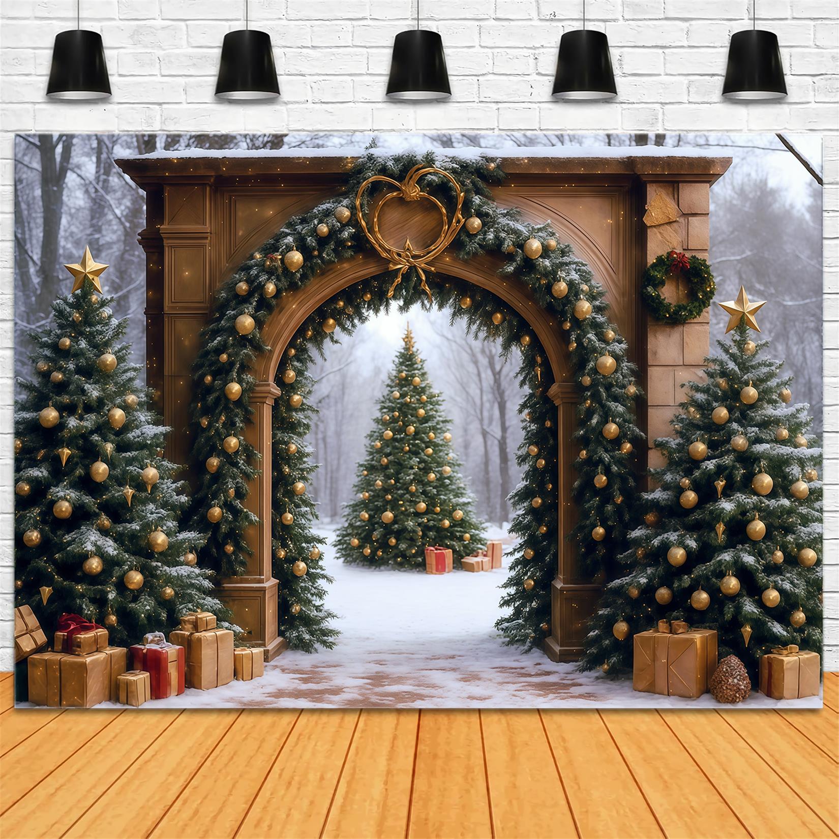 Christmas Tree Backdrop Snowy Forest Arch Door Christmas Photo Backdrop UK MRR9-77