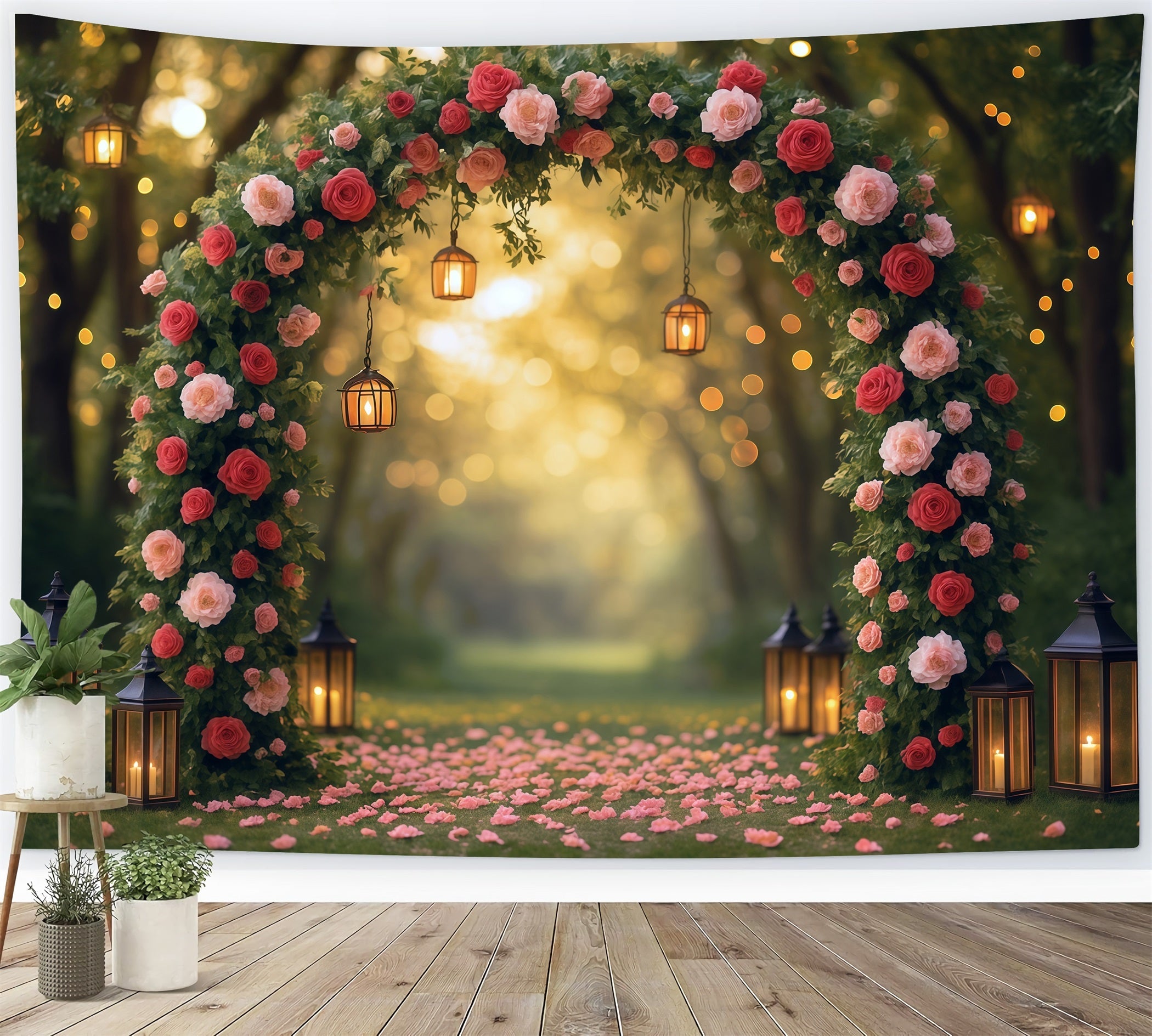 Flower Backdrop Romantic Rose Arch Lanterns Floral Photo Backdrop UK MRR9-81