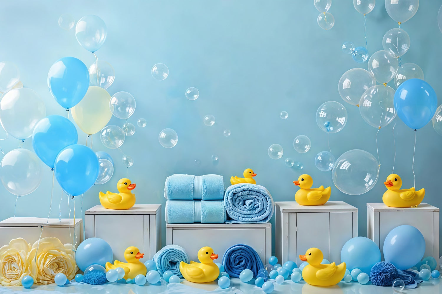 Kids Photo Backdrop Blue Balloons Rubber Duck Bubbles Newborn Backdrop UK MRR9-83
