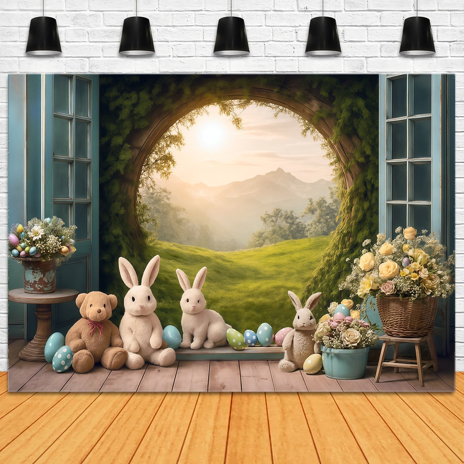 Easter Bunny Backdrop Sunset Meadow Rabbits Eggs Flowers Easter Backdrop UK MRR9-85