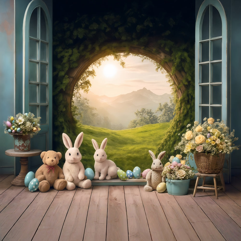 Easter Bunny Backdrop Sunset Meadow Rabbits Eggs Flowers Easter Backdrop UK MRR9-85