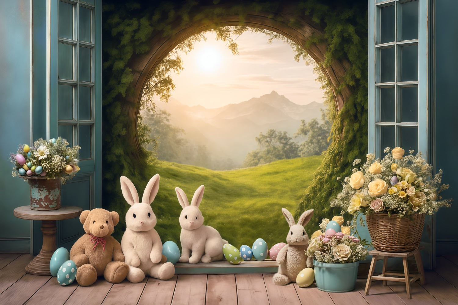 Easter Bunny Backdrop Sunset Meadow Rabbits Eggs Flowers Easter Backdrop UK MRR9-85