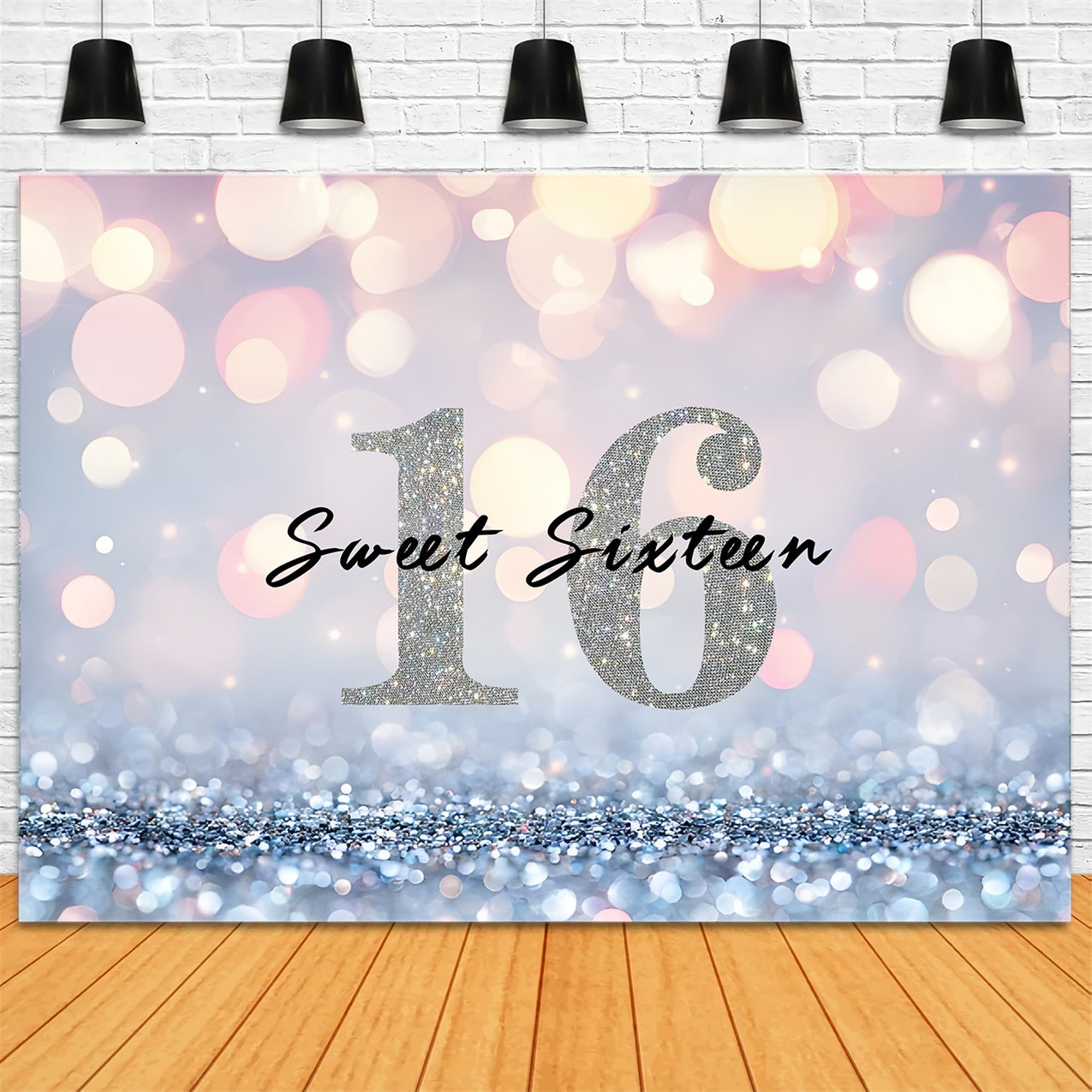 Custom Birthday Backdrops Glamorous Silver Sweet Sixteen Backdrop UK RR1-10