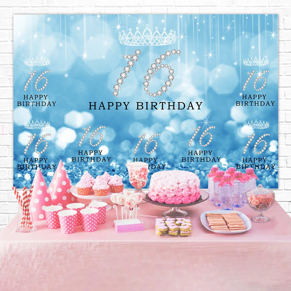 Custom Birthday Backdrops Sweet 16 Blue Glitter Luxury Backdrop UK RR1-57