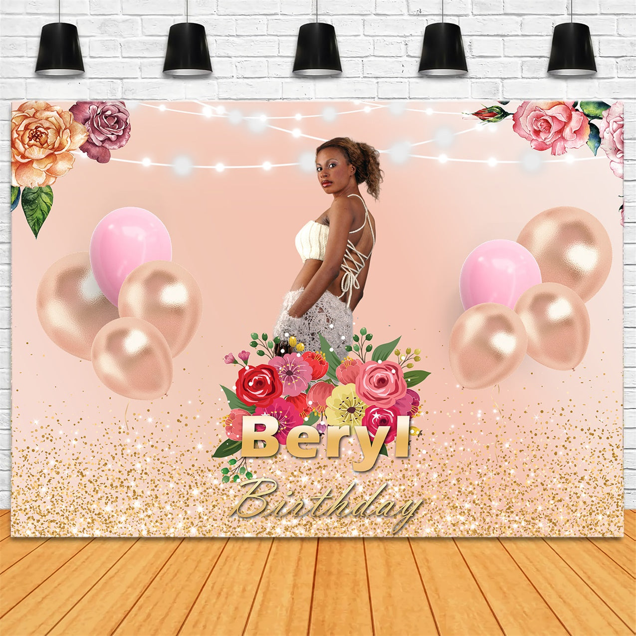 Custom Made Birthday Backdrops Gold Balloons Floral Backdrop UK RR1-68
