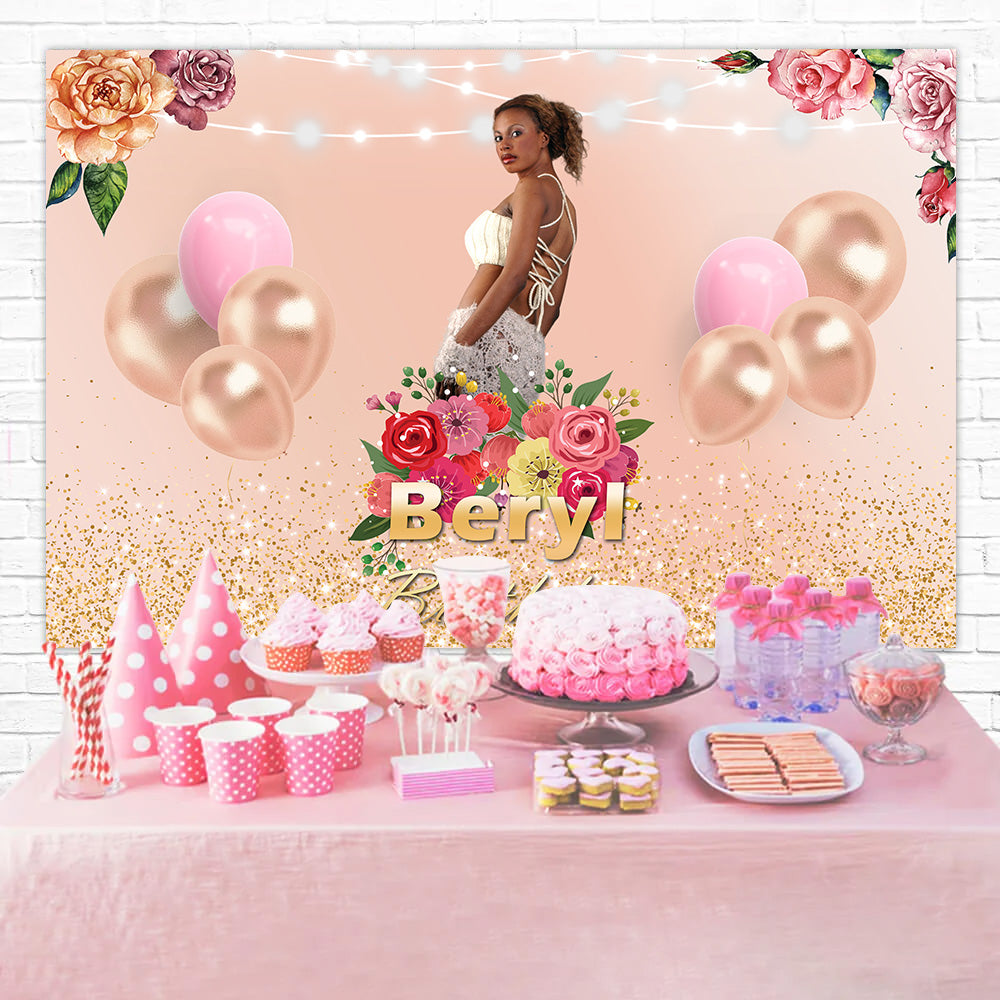 Custom Made Birthday Backdrops Gold Balloons Floral Backdrop UK RR1-68