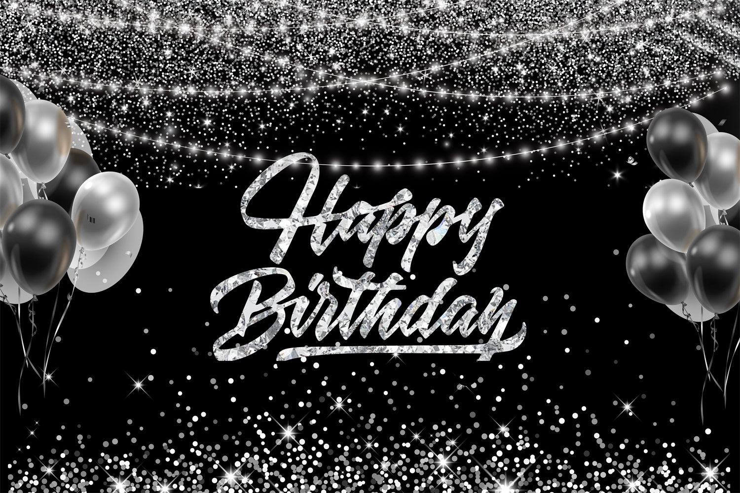 Custom Birthday Backdrops Glitter Balloons Black Silver Backdrop UK RR12-1