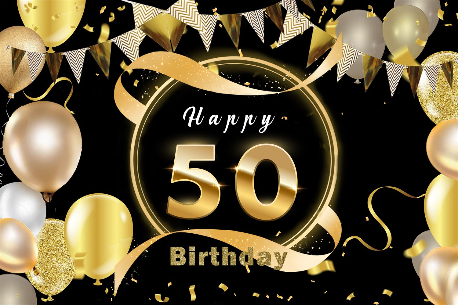 50th Birthday Backdrop Gold Confetti Balloons Custom Backdrop UK RR12-13