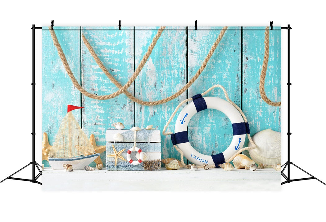 Summer Blue Boardwalk Swimming Circle Sailboat Shell Backdrop RR3-14